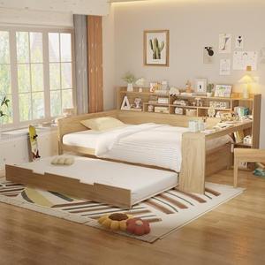 Bellemave Full Corner Bed Frame, Full Size Corner Bed with Storage Shelves and Desk, Wood Full Size Daybed with Bookcase and TrundleFull Daybed with Storage, Natural