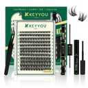 KEYYOULASH Lash Clusters Kit Volume 144pcs 8-18MIX Lash Extension Kit Thick Lash Clusters D curl with Bond and Seal,Remover,Applicators for DIY Thin Band Eyelash Clusters at Home (KY04 Kit)