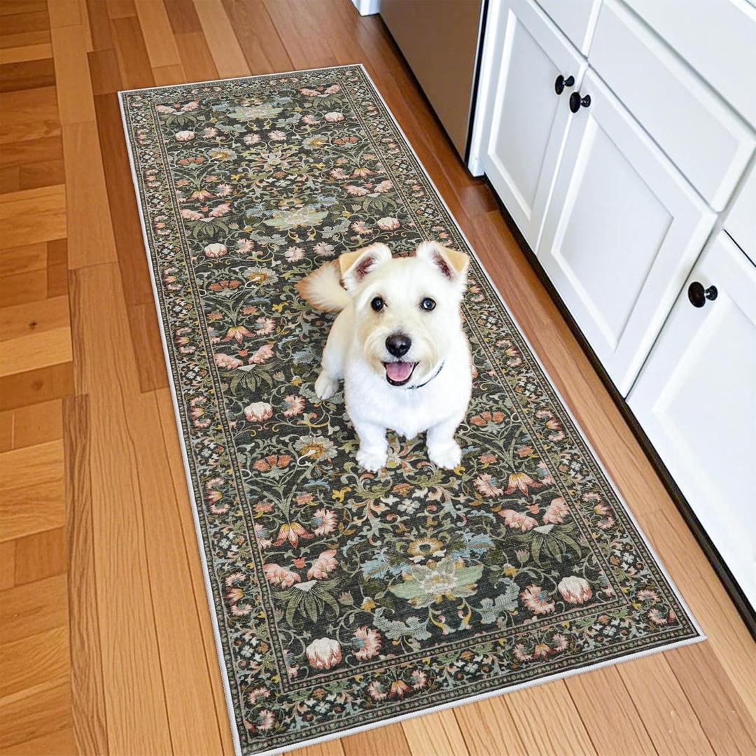 2x6 Washable Hallway Runner Rug: Vintage Floral Kitchen Rugs with Non-Slip Backing Low Pile Water Resistant Carpet for Living Room Bedroom Soft Floor Mat for Bathroom Laudry Dining Room(2x6,Green)