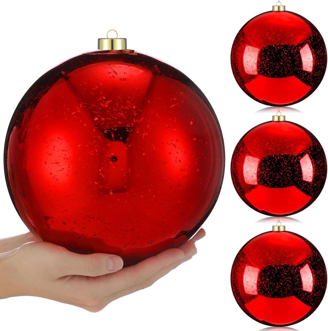 4 Pcs Extra Large Retro Mercury Christmas Balls Ornaments 8'' Oversized Giant Hanging Shatterproof Electroplated Ball Christmas Tree Ornaments for Xmas Party Outdoor Decor (Red)