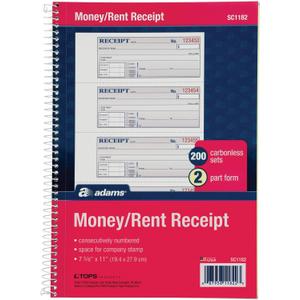 Adams Money and Rent Receipt Book, 2-Part Carbonless, 7-5/8" x 11", Spiral Bound, 200 Sets per Book, 4 Receipts per Page (SC1182), White/Canary