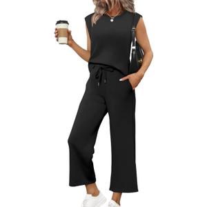 SAMPEEL Two Piece Sets for Women Casual Travel Vacation Outfits Summer Wide Leg Crop Pants Lounge Sets