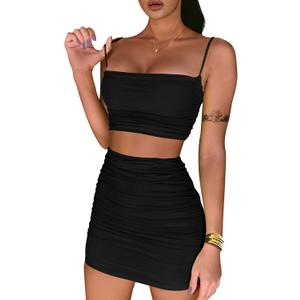 BEAGIMEG Women's Ruched Cami Crop Top Bodycon Skirt 2 Piece Outfits Dress, Medium, Black 