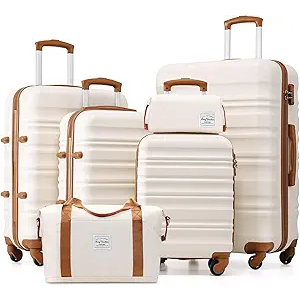 LONG VACATION 6 Piece Luggage Set Carry on Suitcase with ABS+PC hardshell, Spinner Wheels & YKK Zipper TSA Lock, Size  16/20/24/28 (WHITE-BROWN, 6 piece set)