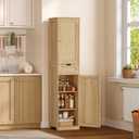TEENFON 67" H Tall Storage Cabinet with 2 Rattan Doors and 1 Drawer, Narrow Rattan Cabinet with Adjustable Shelves, for Living Room, Entryway, Kitchen, Natural