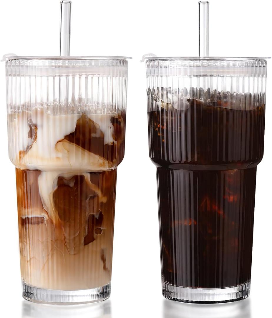 DWTS DANWEITESI Iced Coffee Cups with Lids 2Pcs: Ribbed Glass Tumbler with Straw and Lid 20oz-Vintage Glass Cups with Lids and Straws-Tumbler Leak Proof Aesthetic Drinking for Coffee Bar Accessories
