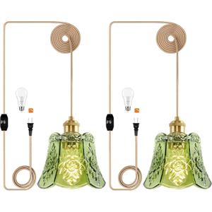 Plug in Pendant Light Hanging Lights with Plug in Cord Gold Hanging Lamp Dimmable Mini Glass Green Mid Century Modern Vintage Retro Ceiling Fixture for Living Room,Bedroom,Boho,2pack