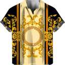 Funny Gold Floral Shirt Fashion Hip Hop Graphic Short Sleeved Button Shirt (Small, Beige)