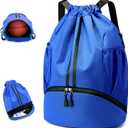 Drawstring Backpack Gymbag Water Resistant Sports Sackpack with Zipper/Shoe Compartment/Wet Pocket/Mesh Pockets Gym Bag for Men Large Capacity String Bag for Travel Soccer Swim Hiking, Blue