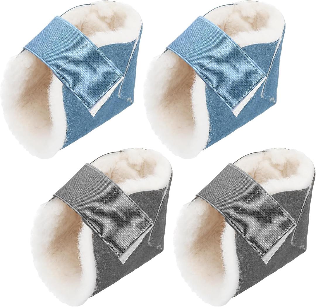 4 Pcs Heel Protector Boot Sheepskin Heel Protectors Soft Foot Cushions Pads with Securing Strap for Protect Feet Ankle Pressure Bed Sores(Gray, Blue)