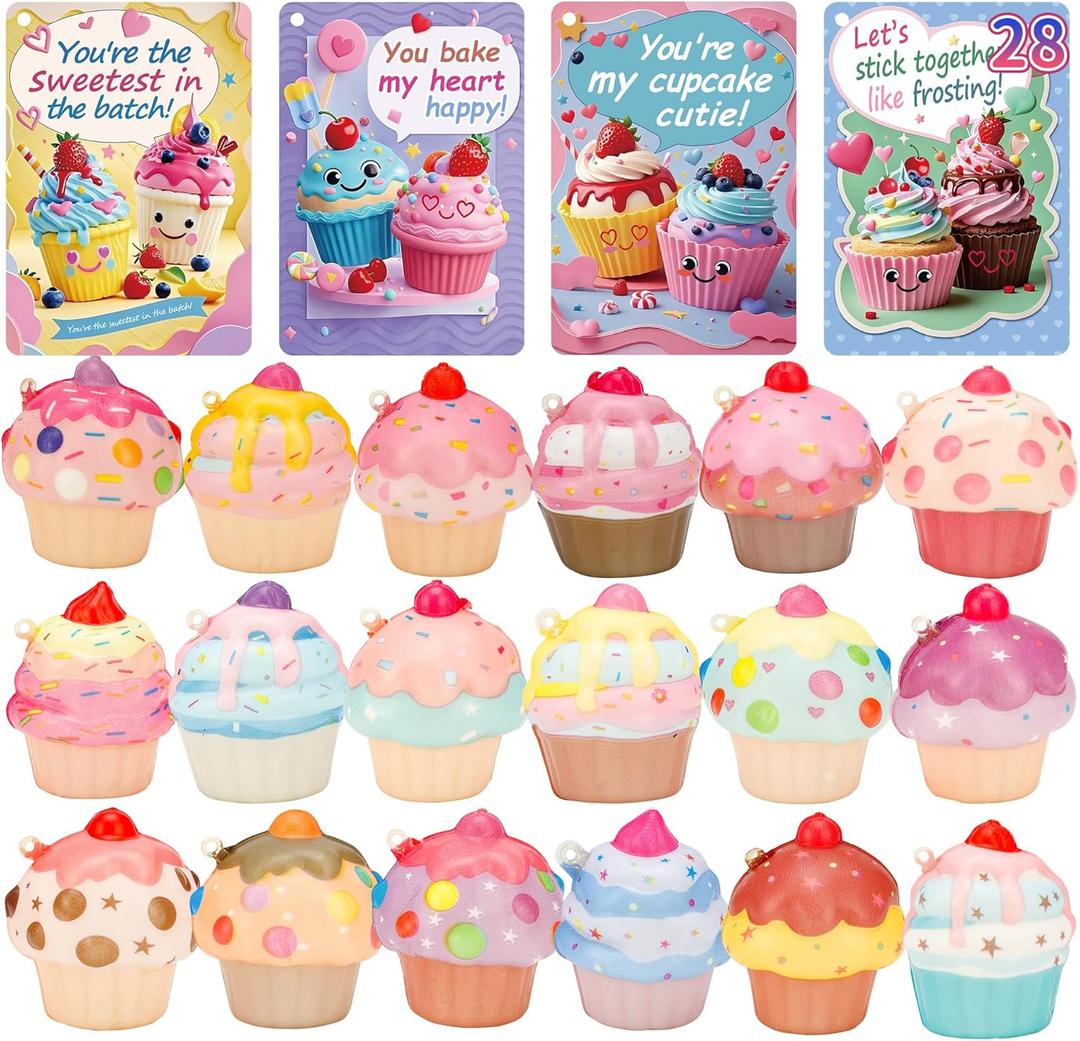 28 Valentines Day Cards with Cupcake Squishy Toys  Kids School Classroom Exchange Gift Set, Cute Stress Relief Squishies with Matching Cards, Fun Valentine Party Favors for Boys Girls