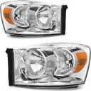 Headlight Assembly for 2006 2007 2008 2009 Dodge Ram Headlamp for 2006-2008 Dodge Ram 1500/2006-2009 Dodge Ram 2500 3500 with Chrome Housing Fit W/O Bottom Amber Colored Bar (Chrome Housing Amber Reflector)