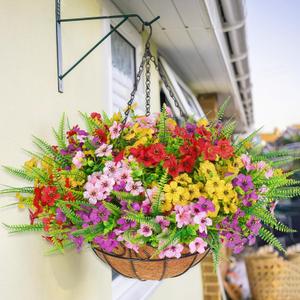 Elyum Artificial Hanging Flowers for Outdoors, UV Resistant Fake Flowers with Hanging Baskets, Artificial Flowers for Decoration Outdoors Garden, Spring Decor for Patio Porch(Mixed Color) (8 Pack, Red+yellow+rose Red+pink)