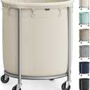 SONGMICS 50.2-Gallon (190 L) Laundry Basket with Wheels, Rolling Round Heavy-Duty Laundry Hamper Cart with Steel Frame and Removable Bag, 2 Locking Wheels, Cream White and Metallic Silver URLS01MZ