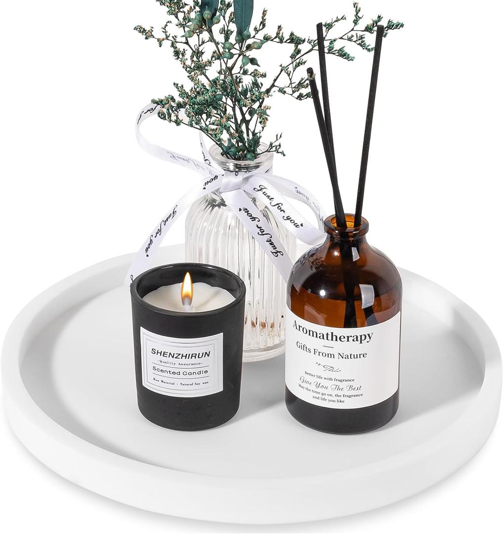 Silicone Bathroom Tray Round Vanity Tray Decorative Soap Holder Kitchen Countertop Organizer Coffee Table Decor for Candle, Perfume, Plant, 9 Inch, White