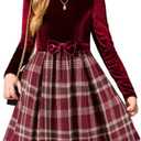 Arshiner Girls Dresses Long Sleeve Velvet Plaid Patchwork Holiday Party Dress with Pockets 120