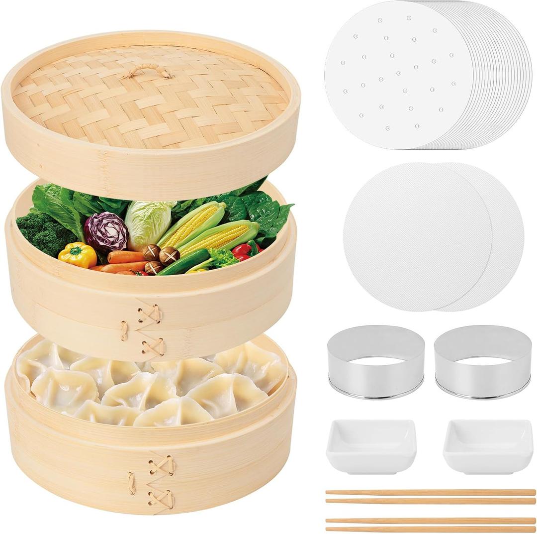 Bamboo Steamer Basket, 8 Inch, 2 Tier with Lid, Dumpling Steamer with Paper & Silicone Liners, Cutter, Sauce Dish, Chopsticks, for Asian Food