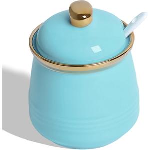 12oz Sugar Bowl with Lid and Spoon,Simple Ceramic Sugar Jar Sugar Container Sugar Dispenser Coffee Bar Accessories, Modern Kitchen Countertop Canisters, Turquoise