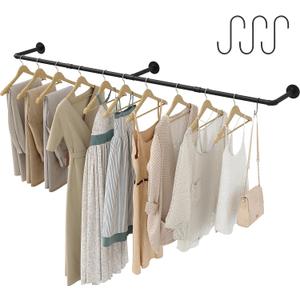 Industrial Pipe Clothes Rack with 3 Hooks, 72'L Wall Mounted Garment Rack, Heavy Duty Iron Garment Bar, Clothes Hanging Rod Bar for Laundry Room, Max Load 135Lb Black (3 Base)