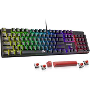Redragon Mechanical Gaming Keyboard Wired, 11 Programmable Backlit Modes, Hot-Swappable Red Switch, Anti-Ghosting, Double-Shot PBT Keycaps, Light Up Keyboard for PC Mac (Black)