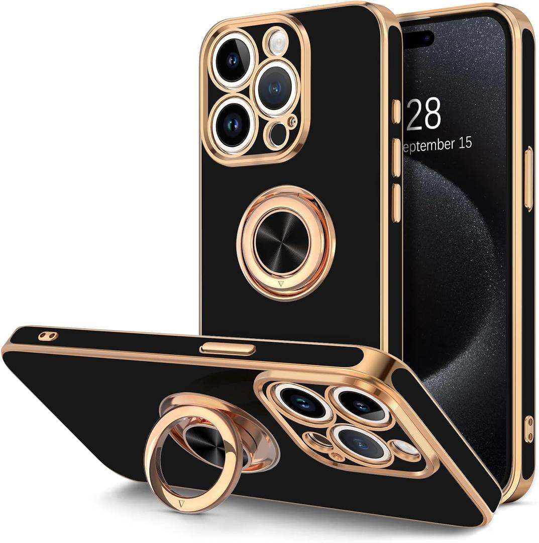 Hython for iPhone 15 Pro Max Case with Ring Stand, 360 Rotatable Ring Holder Magnetic Kickstand, Plating Rose Gold Edge Soft Cover Protective Phone Case for iPhone 15 Pro Max 6.7", Black