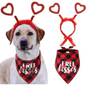 Valentines Day Dog Costume, Red Heart Headband and Buffalo Plaid Pet Bandana