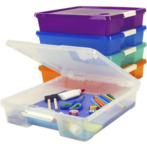 Storex Classroom Student Project Box, Plastic, 15.25 x 13.25 x 3.25 inches , Assorted Tints, 5-Pack (63202U05C), standard sized