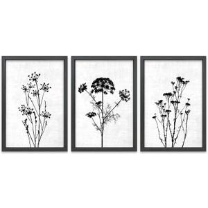 TQianJiang Flower Plant Wall Decor 16"x11" Black And White Botanical Painting Wood Framed Set of 3 Bedroom Office Abstract Wildflower Sign Hanging Art (Black)