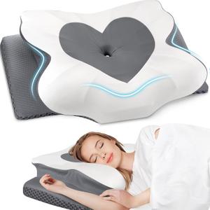 Cervical Neck Pillow, Memory Foam Neck Support Pillows for Sleeping, Shoulder Pillow for Side Sleepers, Back Stomach Sleepers, CertiPUR-US Certified, Queen Size, Grey (Gray)
