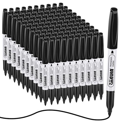 SMELHA Permanent Markers, 100 Pack Black Permanent Marker Pens, Black Permanent Marker set bulk ，Fine Tip, Waterproof, 1S Drying, smooth writing,durable, works on Plastic, Glass, Metal, Wood and Stone