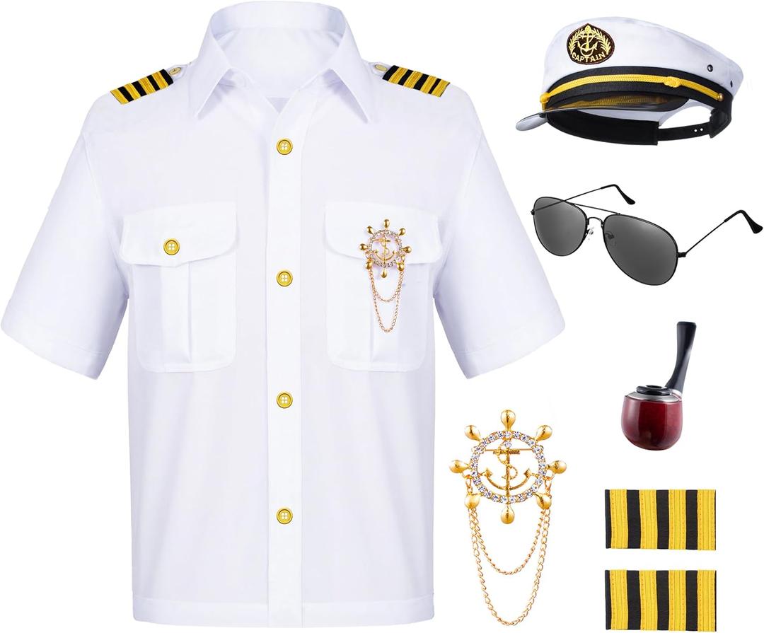 Kids Yacht Captain Sailor Costume for Boys Shirt Hat Accessories 6 Pcs Set Party Cosplay 7-8Years
