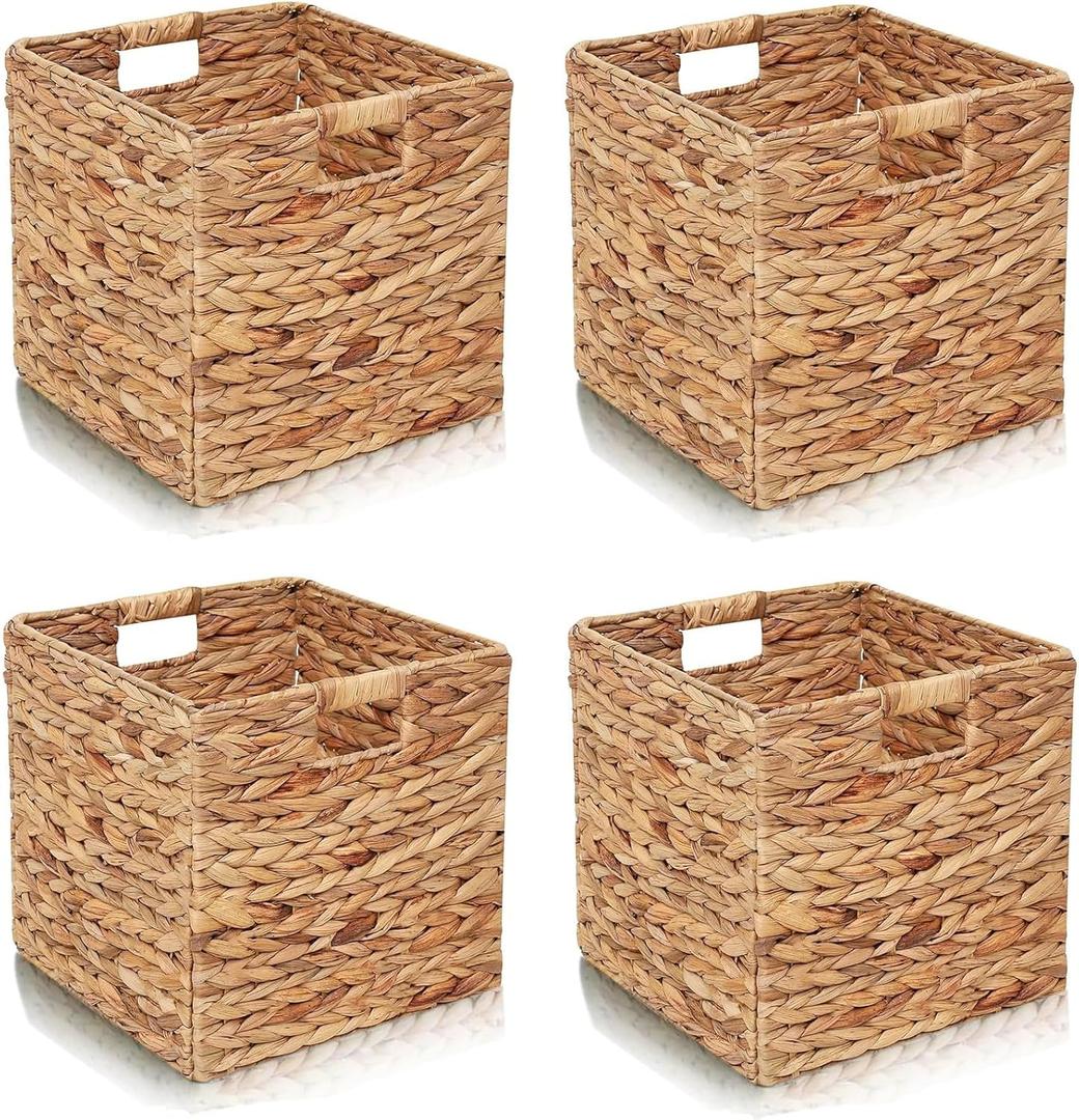 Storage Baskets 4 Pcs Water Hyacinth Cube 11.2x11.2inch Storage Bins,Foldable Woven Baskets for Bathroom, Bedroom, Laundry, Pantry, Shelves