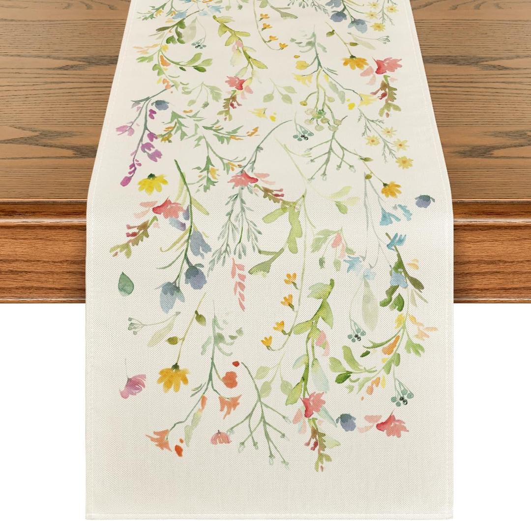 Artoid Mode Wildflowers Bloom Flowers Spring Table Runner, Seasonal Summer Floral Kitchen Dining Table Decoration for Home Party Decor 13x120 Inch (Beige)