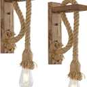 KEESFU Wall Sconce Set of 2, Farmhouse Wood & Hemp Rope Wall Mount Light Fixture, Rustic Light Fixtures for Bedroom Entryway Hallway Living Room.