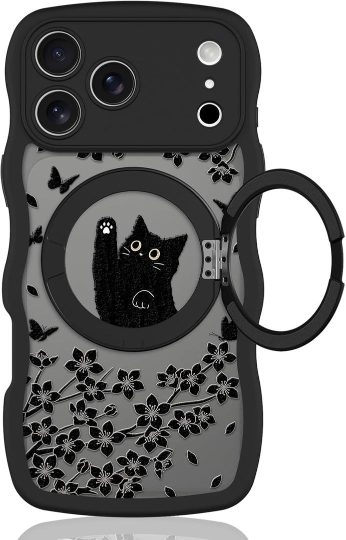 Heaofei Wavy Case for iPhone 17 Pro Max Case with Stand [Compatible with MagSafe] Cute Black Cat & Floral & Butterflies Pattern Design, Kawaii 360 Magnetic Ring Kickstand Phone Cover for Women Girls