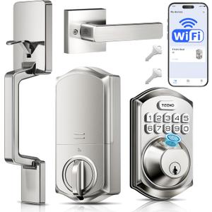 TEEHO TE012W-H WiFi Smart Door Lock with Handle, Fingerprint, Keypad, Key & App Control, Keyless Entry Deadbolt Set, Compatible with Alexa & Google Assistant, Easy Install for Front Door, Satin Nickel