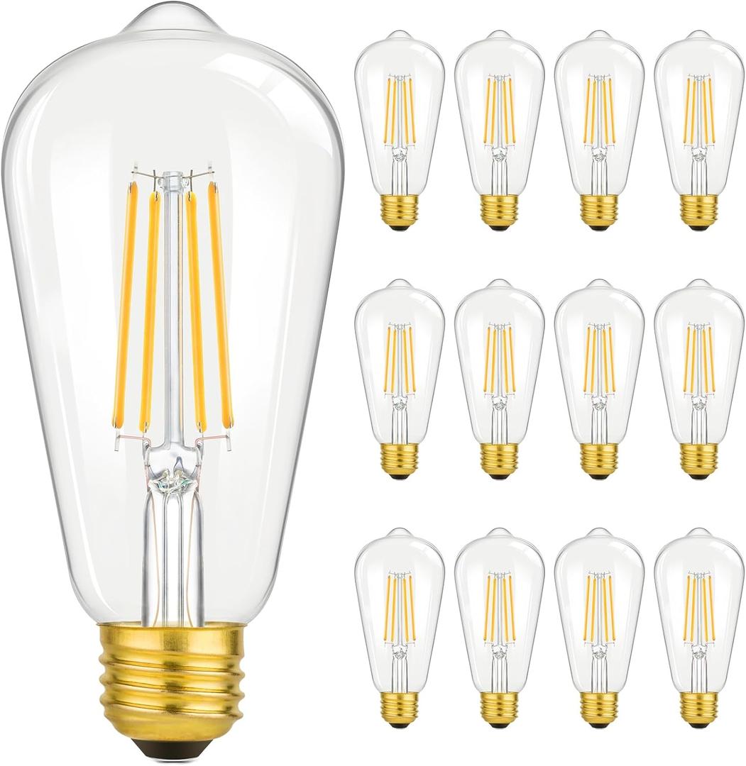 Vintage LED Edison Bulbs, 8W Equivalent 100W, 1400LM ST64 Antique LED Light Bulbs, Filament Bulbs with 90+ CRI, Warm White 2700K, E26 Medium Base, Clear Glass, Non-Dimmable, 12-Pack