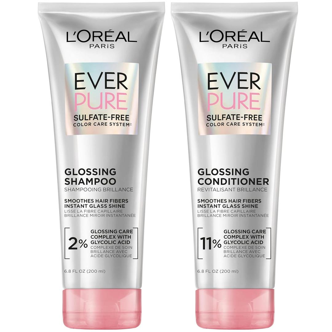 L'Oreal Paris Glossing Sulfate Free Shampoo and Conditioner Set with Glycolic Acid, Hair Care for Lasting Shine and Smoothness for Dull, Dry Hair, EverPure, 1 Kit