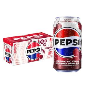 2 x Pepsi Prebiotic Cola, Cherry Vanilla, 12 fl oz Cans (8 Pack), 30 Calories, 5g Prebiotic Fiber, 5g Sugar, Soda Pop Cola