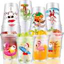 16Pcs Christmas in July Party Cups Christmas in July Plastic Cups, Disposable 12 oz Tropical Summer Cup with Stickers for Summer Xmas Party Supplies
