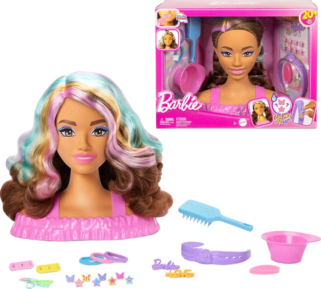 Barbie Doll Styling Head, Dark Brown Hair with 20+ Hair Styling Accessories Including Star & Butterfly Color Change Hair Clips
