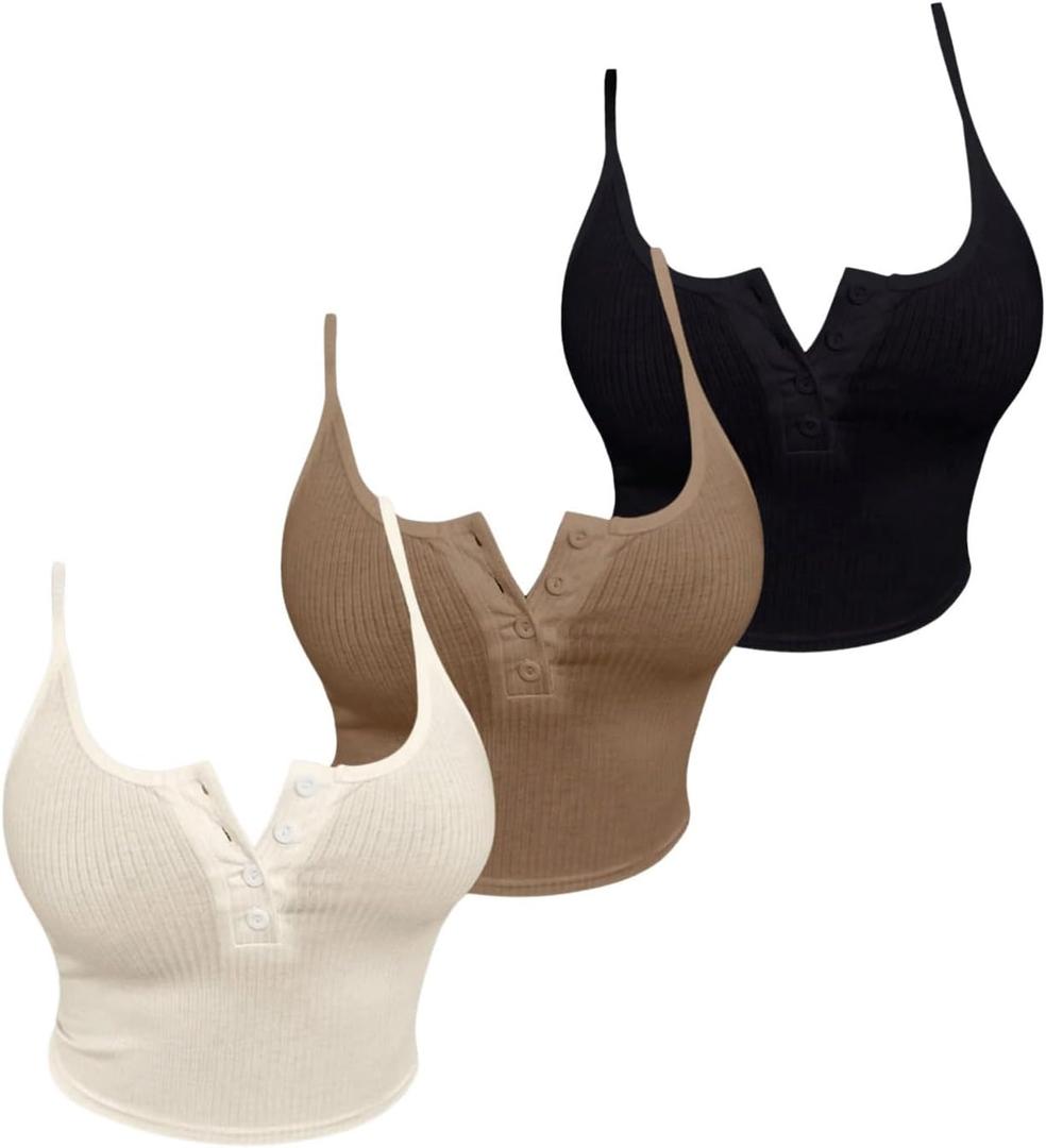 SOLY HUX Women's Button Down Ribbed Cami Top 3 Piece Spaghetti Strap Sexy Crop Camisole Tops (Medium, Beige Brown Black)