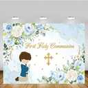 MEHOFOND 7x5ft First Holy Communion Mi Bautizo Blue Backdrop for Boys God Bless Party Decorations Blue Watercolor Photography Background Happy Birthday Photo Booth Props