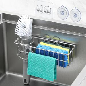3-In-1 Sponge Holder for Kitchen Sink with Suction Cups & Adhesive Hook , In-sink Sponge Holder, Wall Hanging Sink Caddy Organizer Rack - Sponge, Dish Cloth, Brush, Scrubber - 304 Stainless Steel (Silver)