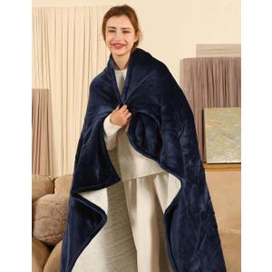Queen Size Heated Blanket - Dual Control Electric Blanket Queen with 5 Heating Levels, 10 Hours Auto Off, Overheat Protection, Washable Flannel Sherpa Heating Blanket, 84 x 90 Inch, Navy