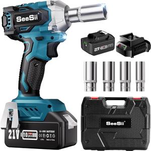 Seesii 3/8" Cordless Impact Wrench, Power Impact Gun w/Max Torque 330Ft-lbs(450N.m), 4.0Ah Rechargeable Battery & 4 Sockets, Compact Power Impact Wrench for Light duty Work Car Home,WH450