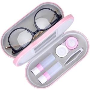 Muf 2 in 1 Double Sided Portable Contact Lens Case and Eyeglasses Case, Dual Use Design with Built-in Mirror, Tweezer and Contact Lens Solution Bottle Included for Travel Kit, Pink
