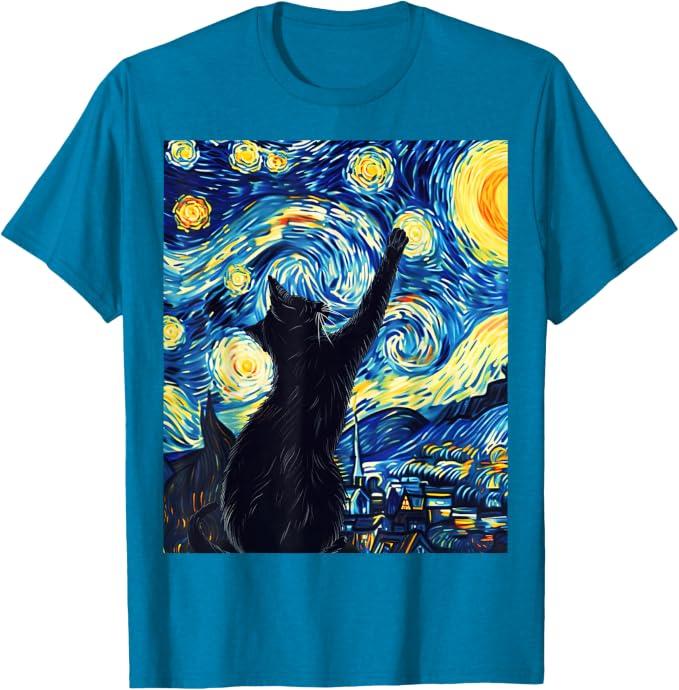 Van Gogh Style Starry Night Cute Cat Art T-Shirt (Blue, L)