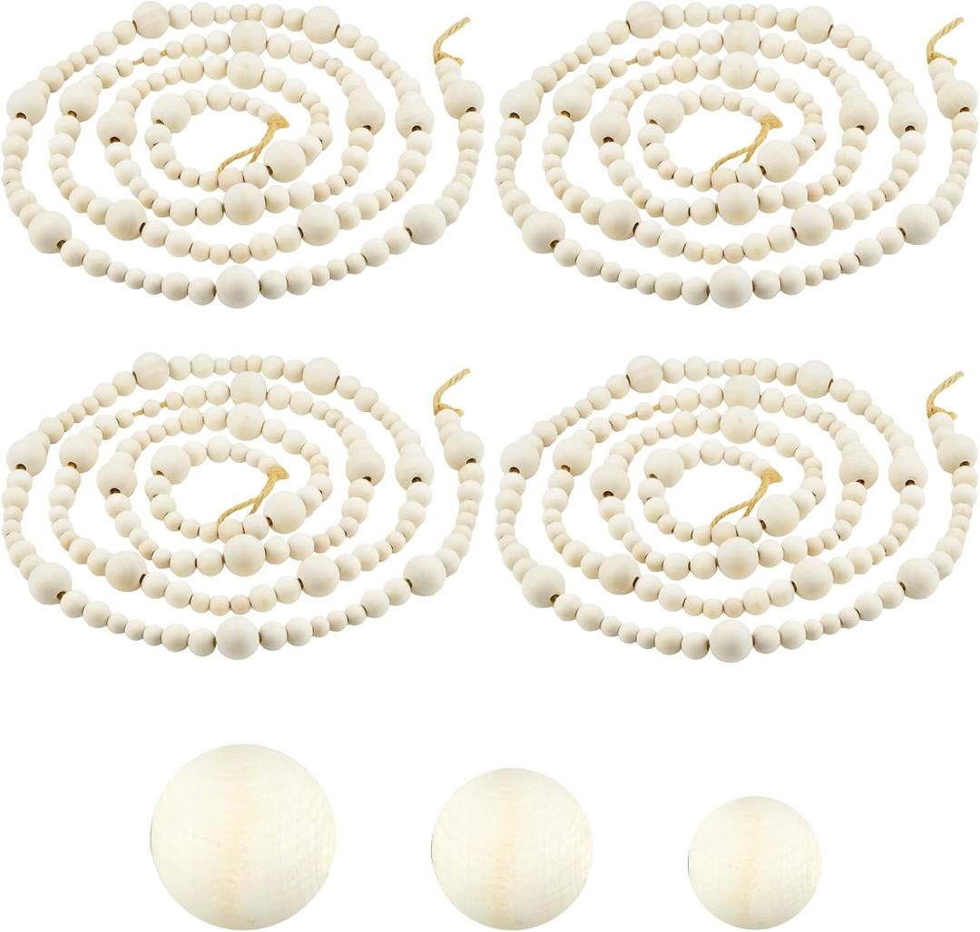 4PCS 172in Christmas Wood Bead Garland, Creative Wooden Garland for Valentine's Day Decor, Farmhouse Wall Home Rustic Country Natural Holiday Decoration Hanging Prayer Beads