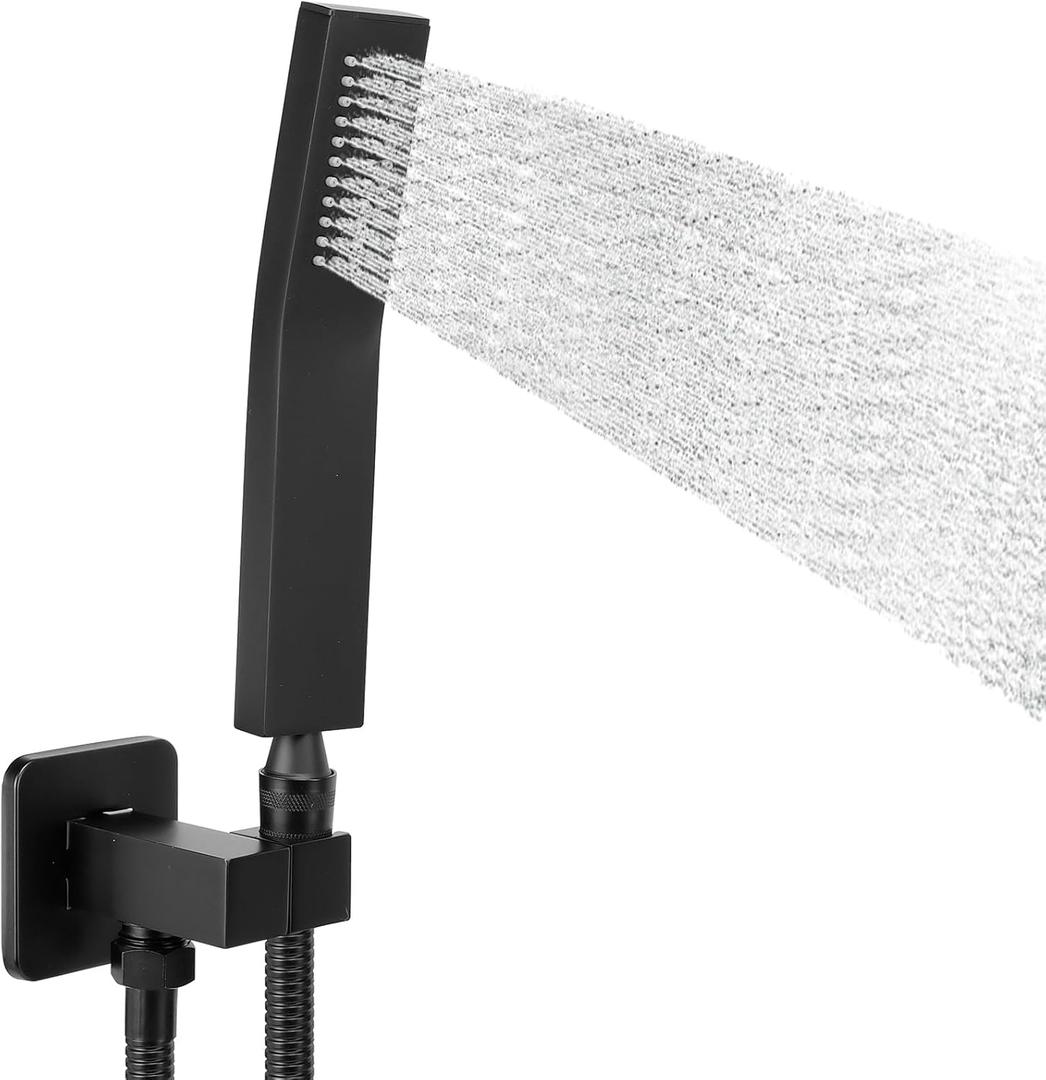 NearMoon Brass Hand Held Shower Head, Luxury High Pressure Shower Kit with Wall Connector and Hose Set, for Bathroom Showering System Contemporary Square Style (Matte Black)
